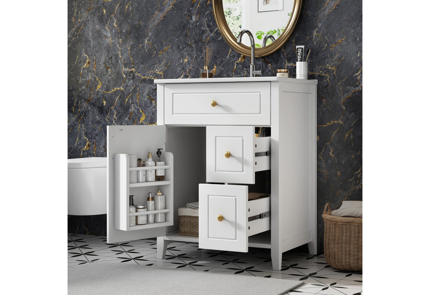 Flieks Waschtisch bodenstehender Waschbeckenunterschrank inkl. Keramik-Waschbecken (B61/T47/H87 cm, 1-St), Badezimmerschrank mit Soft-Close-Funktion Badmöbel Weiß Bild 3