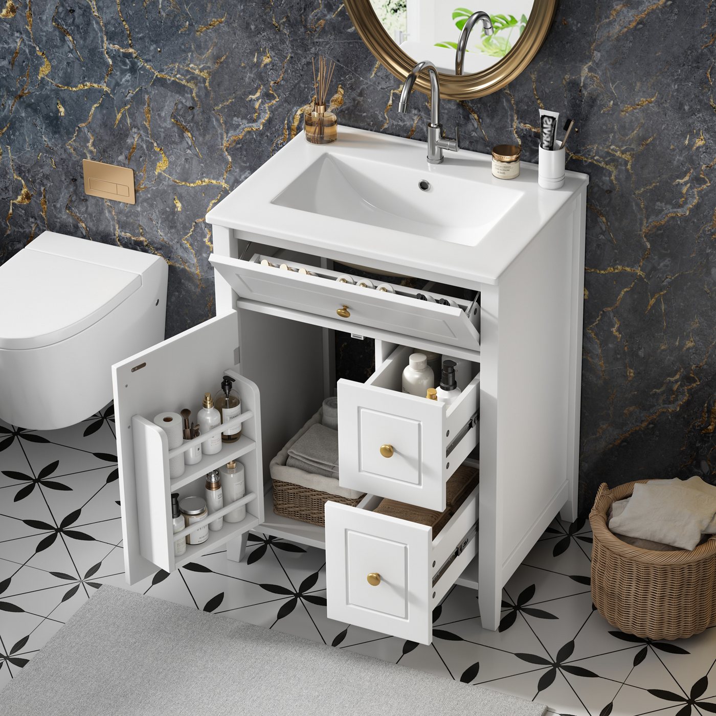 Flieks Waschtisch bodenstehender Waschbeckenunterschrank inkl. Keramik-Waschbecken (B61/T47/H87 cm, 1-St), Badezimmerschrank mit Soft-Close-Funktion Badmöbel Weiß Bild 5