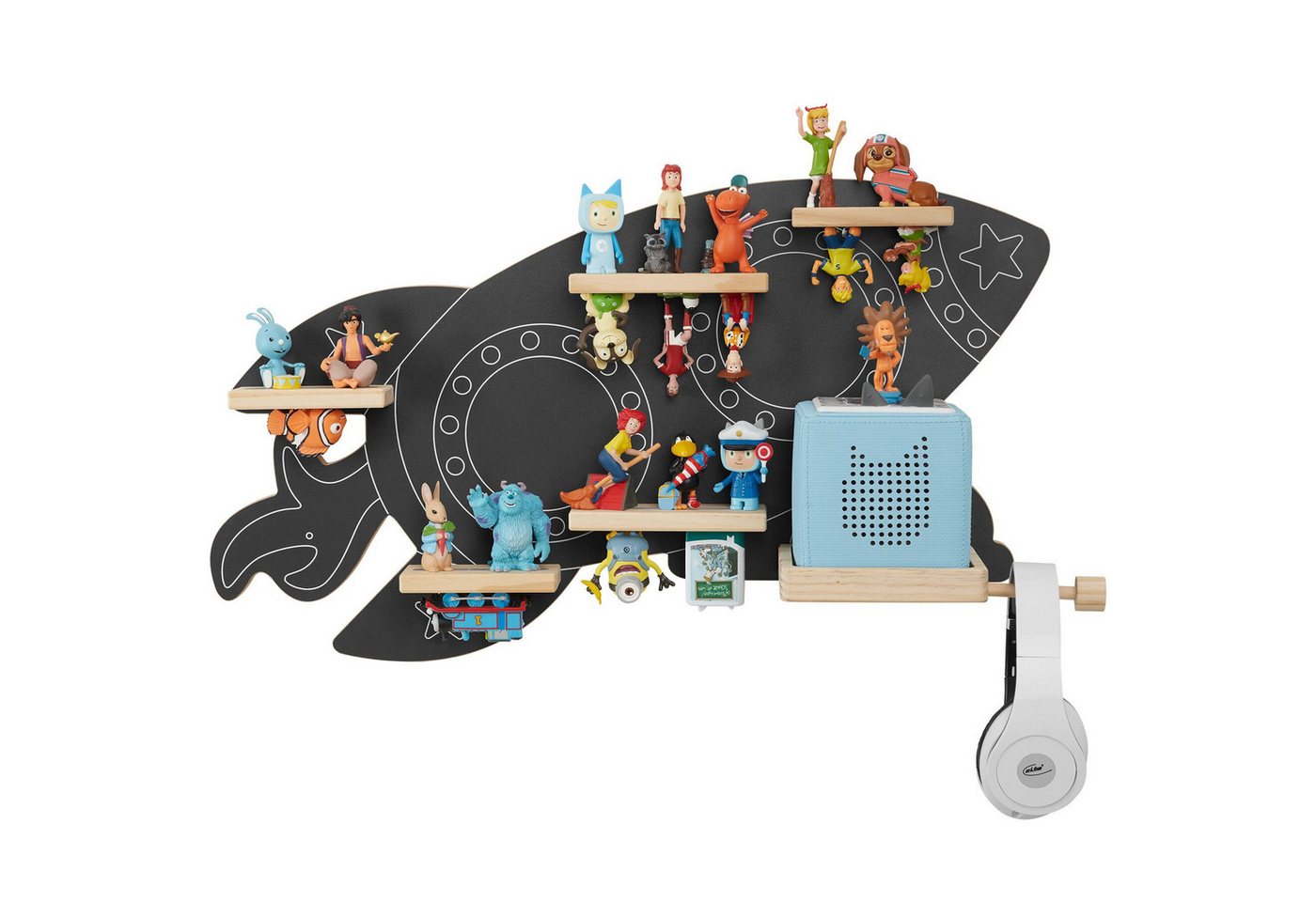 tectake Wandregal Figurenregal für 40 Tonies, magnetisch, inklusive Kopfhörerhalterung, Toniebox Regal MyLittleStory Rocket 1-tlg., Unsichtbare Aufhängung mit integrierter Kabelführung Bild 2