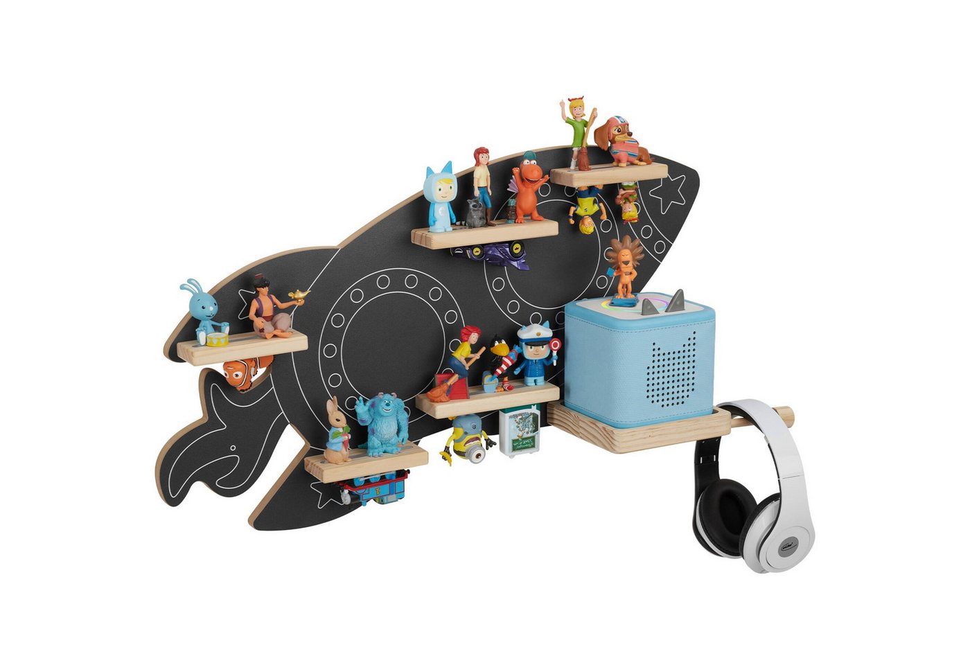 tectake Wandregal Figurenregal für 40 Tonies, magnetisch, inklusive Kopfhörerhalterung, Toniebox Regal MyLittleStory Rocket 1-tlg., Unsichtbare Aufhängung mit integrierter Kabelführung Bild 5