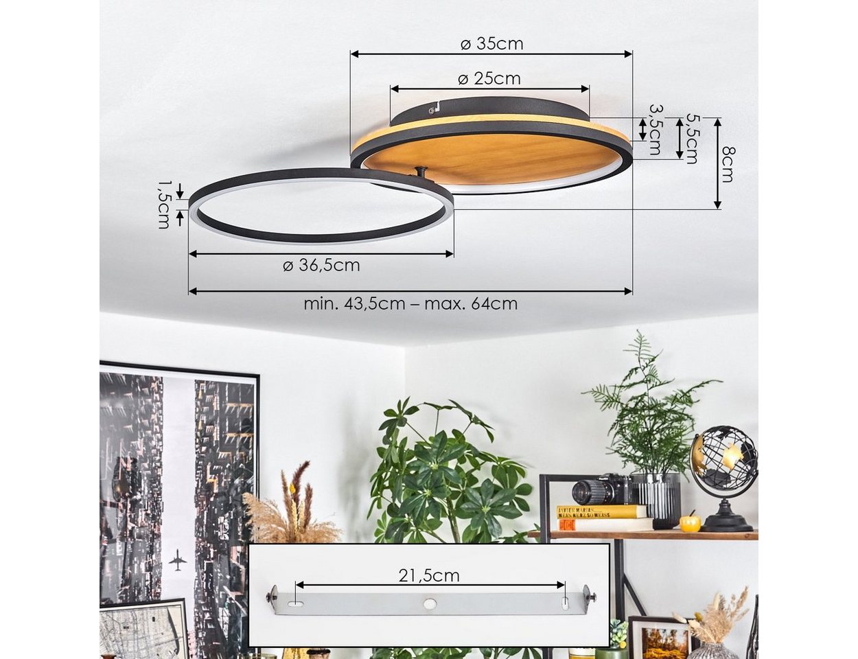 hofstein Deckenleuchte moderne Deckenlampe aus Metall/Holz/Kunststoff in Schwarz/Natur/Weiß, LED fest integriert, 3000 Kelvin, (35 cm u. 36,5 cm), mit verstellbarem Schirm, 23 Watt, 650 Lumen Bild 4