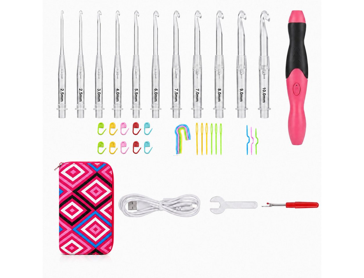 Cetipaw Häkelnadeln 11-in-1ergonomisches Häkelnadel-Set LED-Licht-austauschbare Hakenköpfe, 11 in 1, 2,5-8,0 mm, Garnnadeln, Maschenmarkierer, Lineal, Aufbewahrungsbox Bild 3