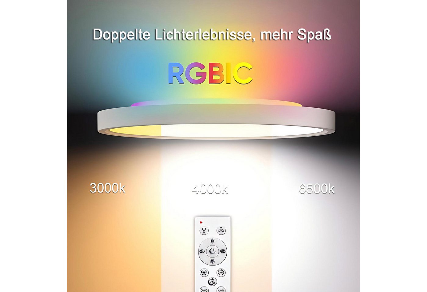 Futicare LED Deckenleuchte mit RGB Ambientelicht, 24W, 2700 lm, dimmbar, Fernbedienung, 3000–6500 K, IP44 – für Wohnzimmer, Schlafzimmer & Bad Bild 2