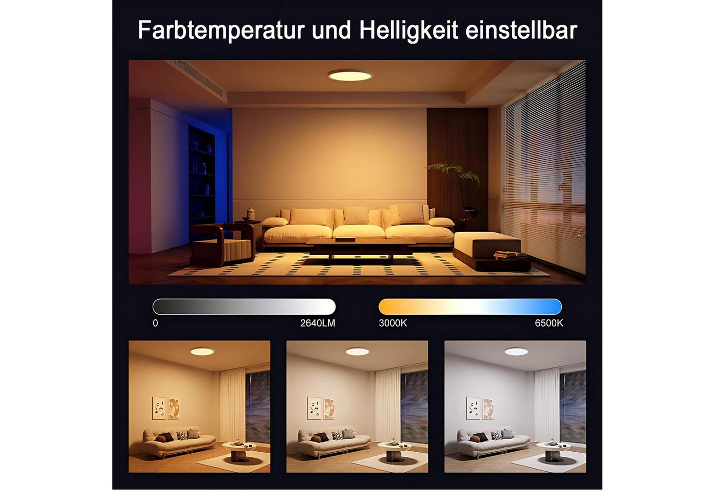 Futicare LED Deckenleuchte mit RGB Ambientelicht, 24W, 2700 lm, dimmbar, Fernbedienung, 3000–6500 K, IP44 – für Wohnzimmer, Schlafzimmer & Bad Bild 4