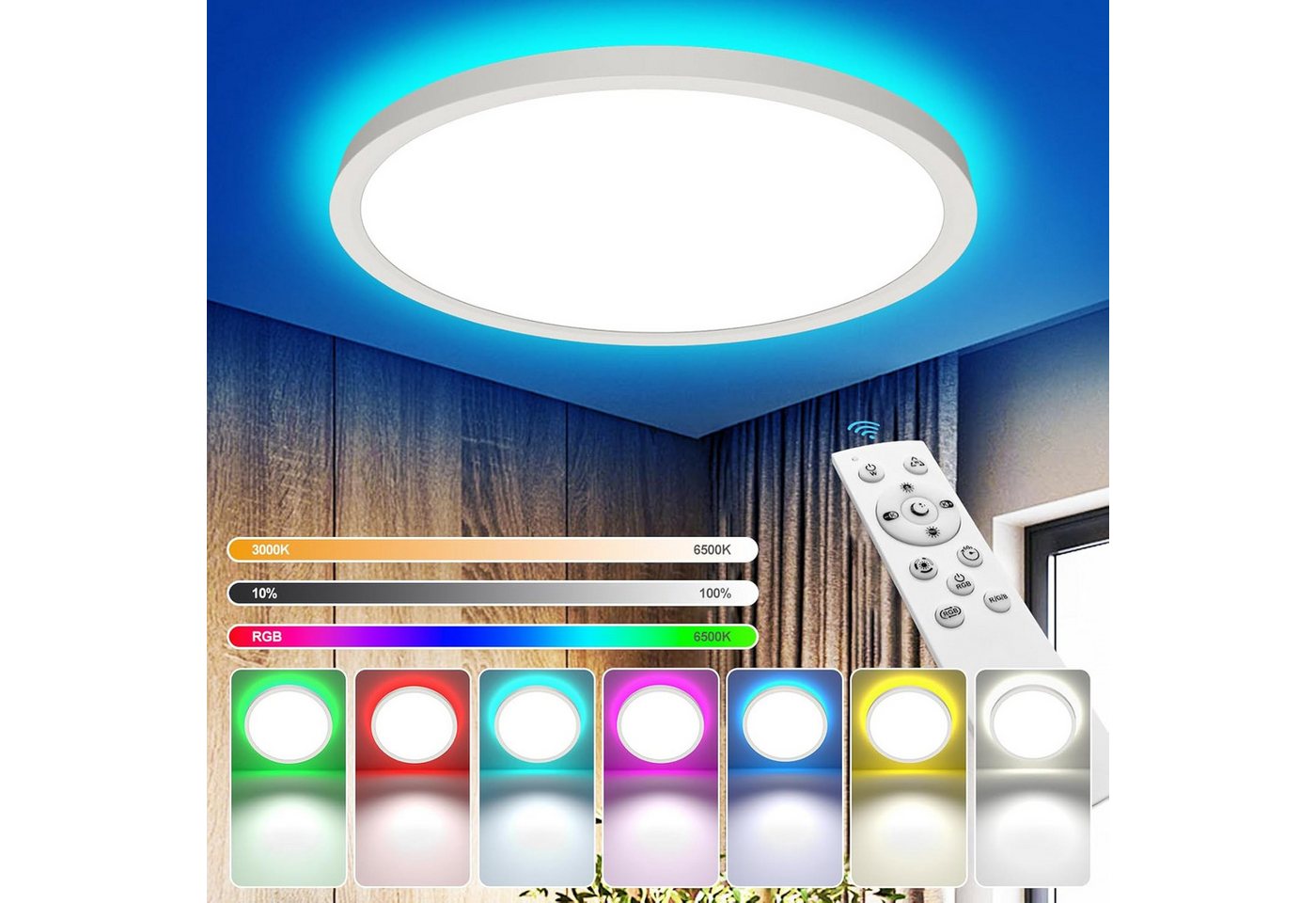 Futicare LED Deckenleuchte mit RGB Ambientelicht, 24W, 2700 lm, dimmbar, Fernbedienung, 3000–6500 K, IP44 – für Wohnzimmer, Schlafzimmer & Bad Bild 5