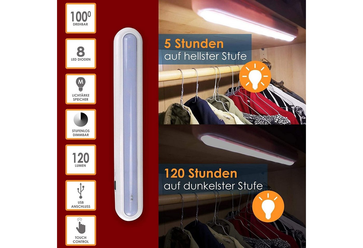 @tec Schrankleuchte LED Akku Schrankleuchte Unterschrankleuchte, Sensor, LED fest integriert, wiederaufladbar, Unterbaulampe, dimmbar, Automatik