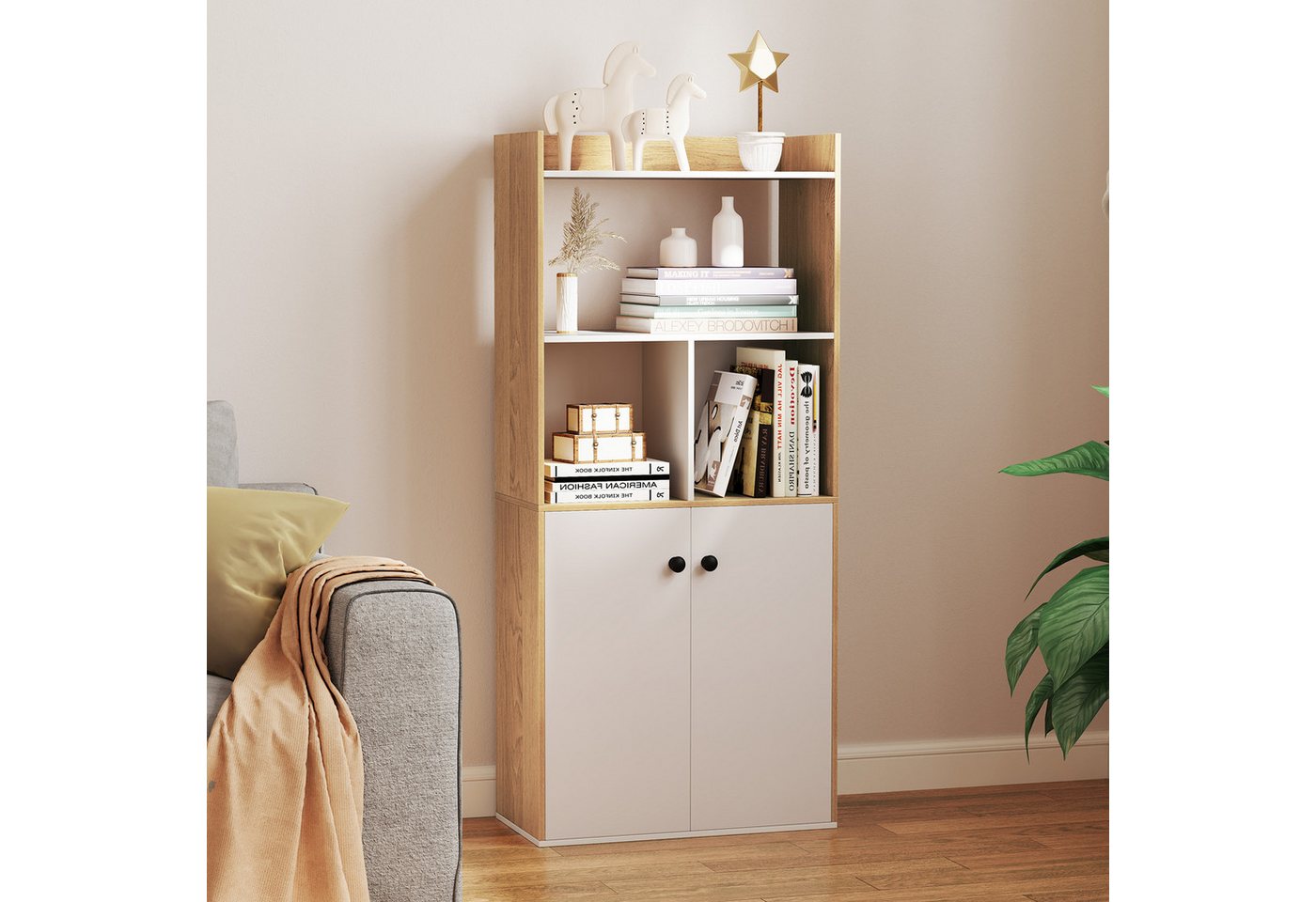 COSTWAY Bücherregal, mit Doppeltürschrank & Regal, Holz, 60x30x140cm