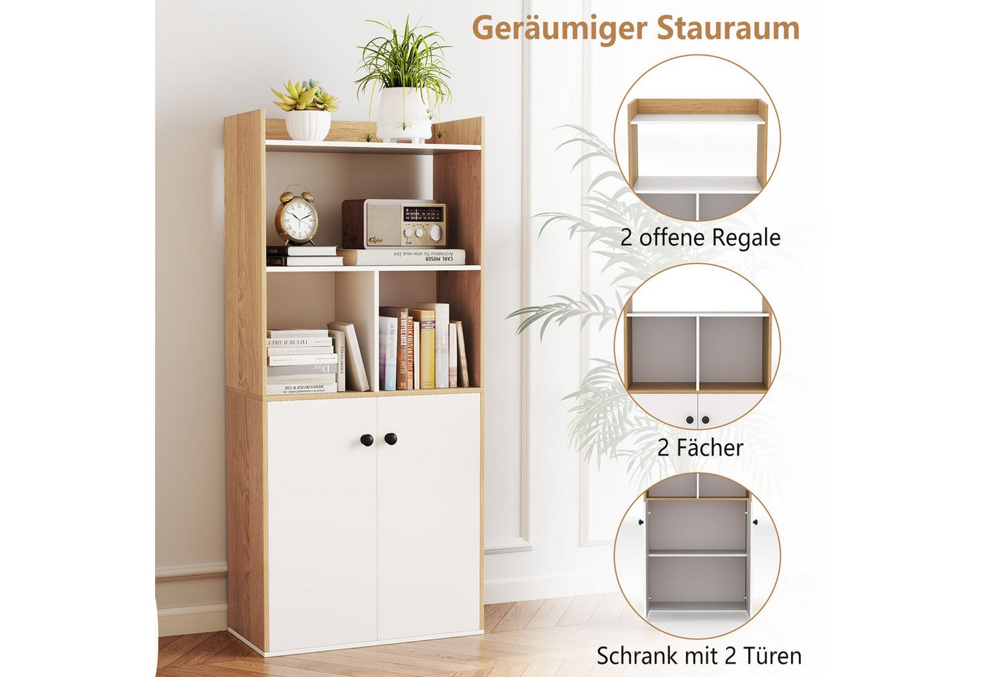 COSTWAY Bücherregal, mit Doppeltürschrank & Regal, Holz, 60x30x140cm Bild 2