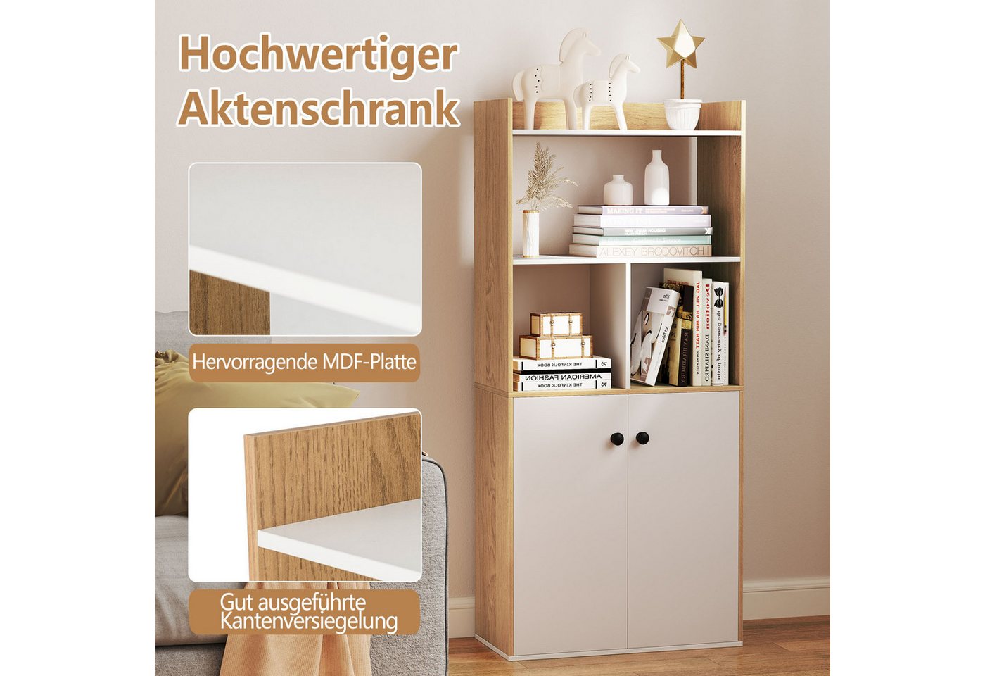 COSTWAY Bücherregal, mit Doppeltürschrank & Regal, Holz, 60x30x140cm Bild 3