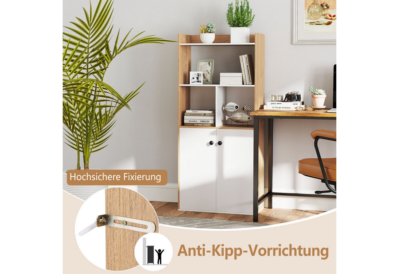 COSTWAY Bücherregal, mit Doppeltürschrank & Regal, Holz, 60x30x140cm Bild 5