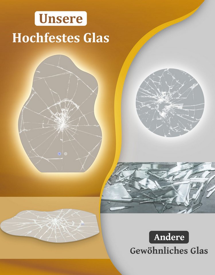 ZMH Badspiegel asymmetrischer LED-Badezimmerspiegel mit Beleuchtung, 3 Lichtfarben, (Einzelartikel, 1-St), Touch-Schalter, dimmbar, Antibeschlagfunktion