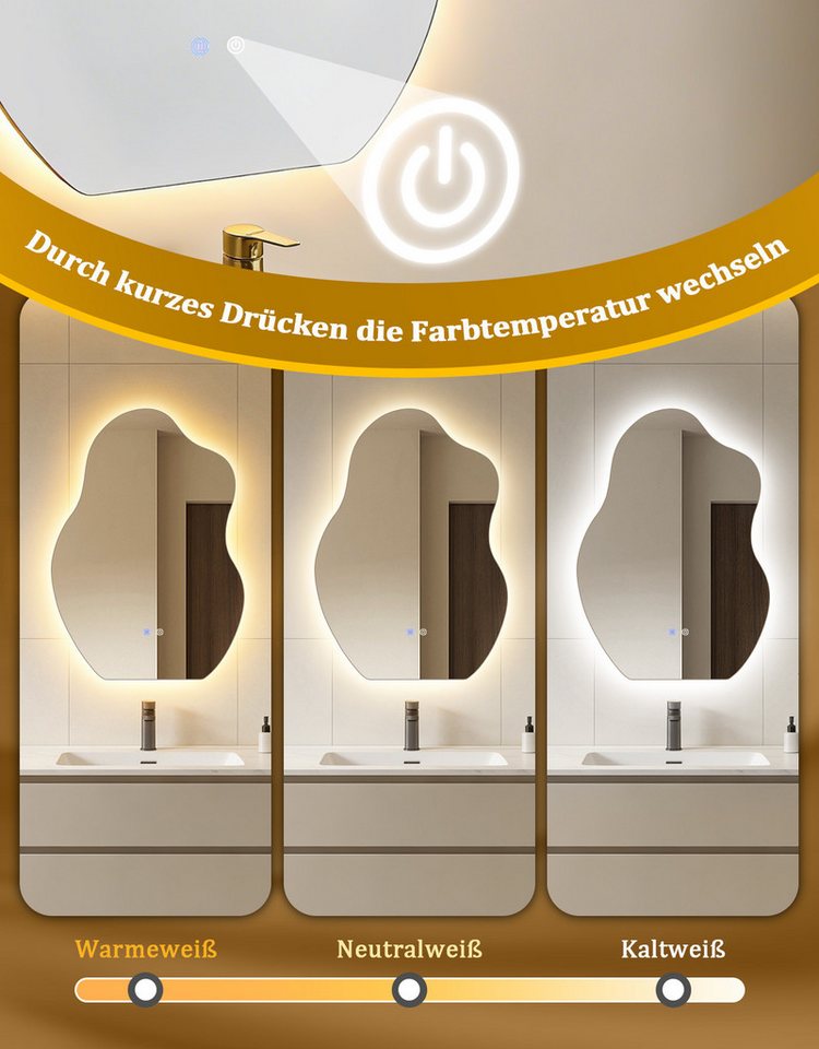 ZMH Badspiegel asymmetrischer LED-Badezimmerspiegel mit Beleuchtung, 3 Lichtfarben, (Einzelartikel, 1-St), Touch-Schalter, dimmbar, Antibeschlagfunktion Bild 2