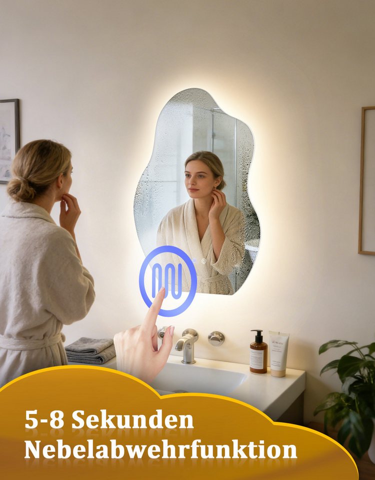 ZMH Badspiegel asymmetrischer LED-Badezimmerspiegel mit Beleuchtung, 3 Lichtfarben, (Einzelartikel, 1-St), Touch-Schalter, dimmbar, Antibeschlagfunktion Bild 4