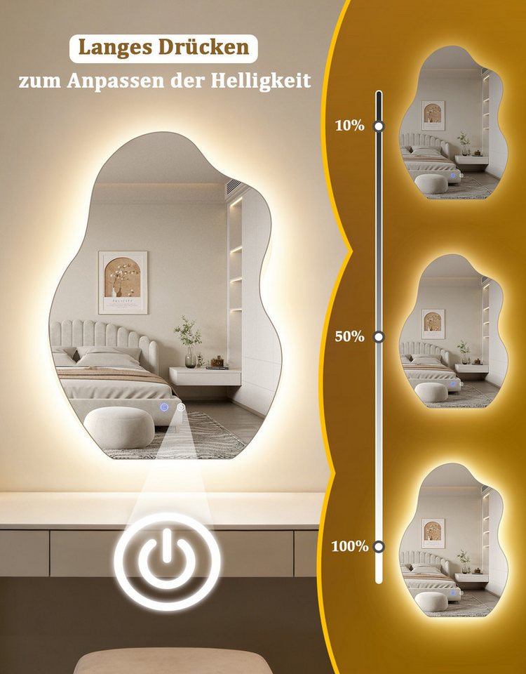 ZMH Badspiegel asymmetrischer LED-Badezimmerspiegel mit Beleuchtung, 3 Lichtfarben, (Einzelartikel, 1-St), Touch-Schalter, dimmbar, Antibeschlagfunktion Bild 5
