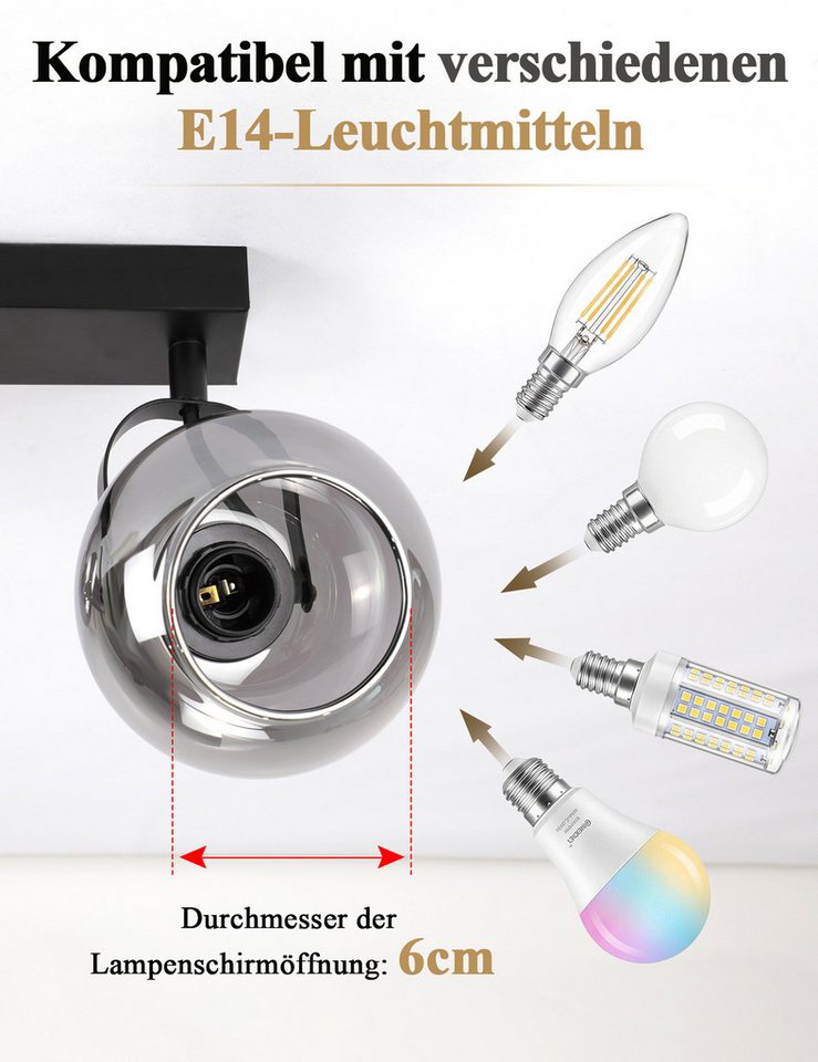 Nettlife Deckenstrahler 1/2/3/4flammig schwarz Vintage Deckenspot rauchgrauem Glas, ohne Leuchtmittel, Deckenspot Retro für Schlafzimmer, Flur, Küche Bild 2