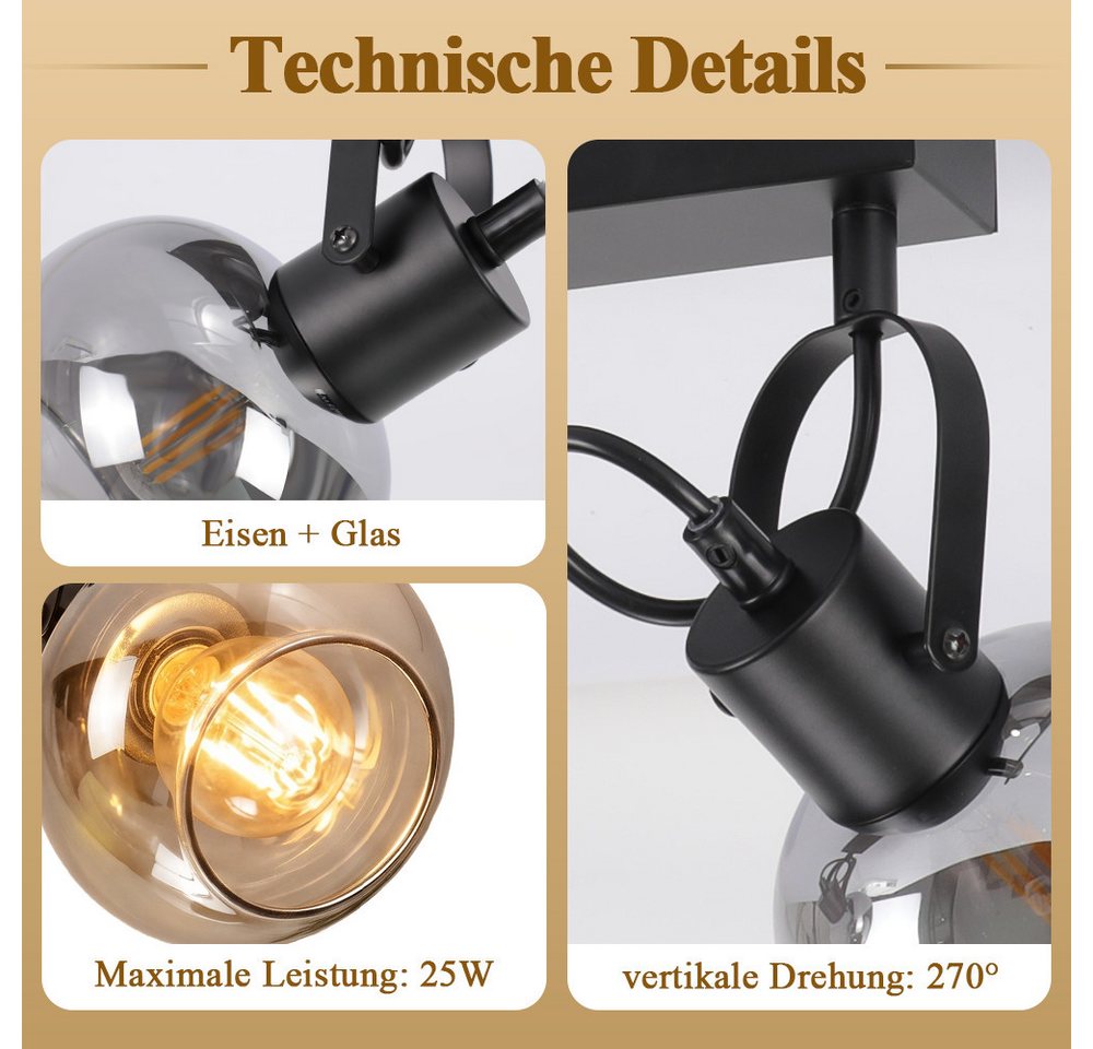Nettlife Deckenstrahler 1/2/3/4flammig schwarz Vintage Deckenspot rauchgrauem Glas, ohne Leuchtmittel, Deckenspot Retro für Schlafzimmer, Flur, Küche Bild 4