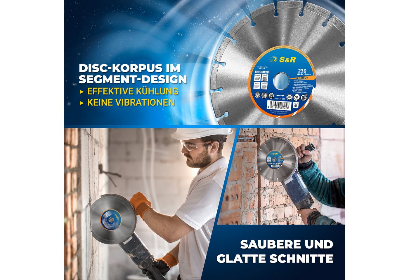 S&R Diamanttrennscheibe Professional, Diamant-Trennscheibe zum Trennen von Baumaterialien, Ø 230 mm, (Packung, Einzeln), Beton, Naturstein, Stein, Ziegel, Mauerwerk, hohe Standzeit