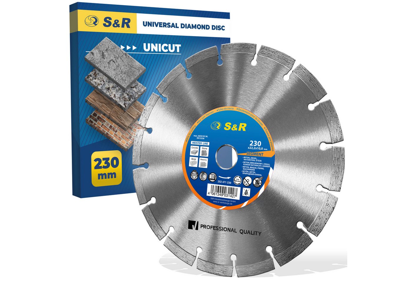 S&R Diamanttrennscheibe Professional, Diamant-Trennscheibe zum Trennen von Baumaterialien, Ø 230 mm, (Packung, Einzeln), Beton, Naturstein, Stein, Ziegel, Mauerwerk, hohe Standzeit Bild 2