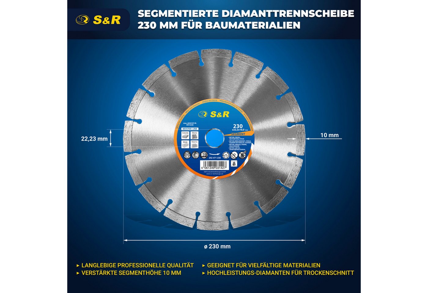 S&R Diamanttrennscheibe Professional, Diamant-Trennscheibe zum Trennen von Baumaterialien, Ø 230 mm, (Packung, Einzeln), Beton, Naturstein, Stein, Ziegel, Mauerwerk, hohe Standzeit Bild 3