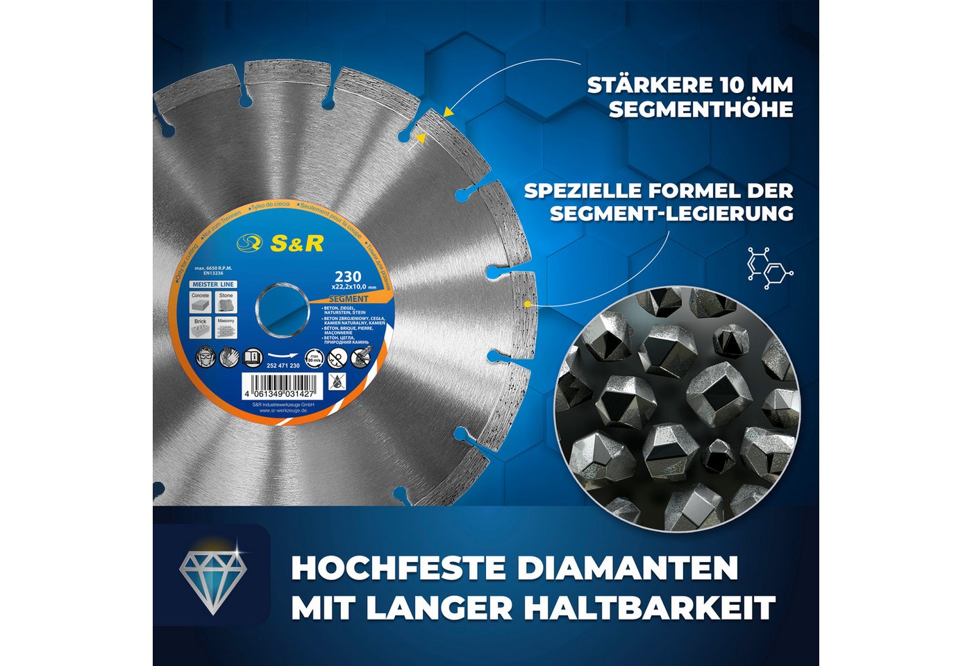 S&R Diamanttrennscheibe Professional, Diamant-Trennscheibe zum Trennen von Baumaterialien, Ø 230 mm, (Packung, Einzeln), Beton, Naturstein, Stein, Ziegel, Mauerwerk, hohe Standzeit Bild 4