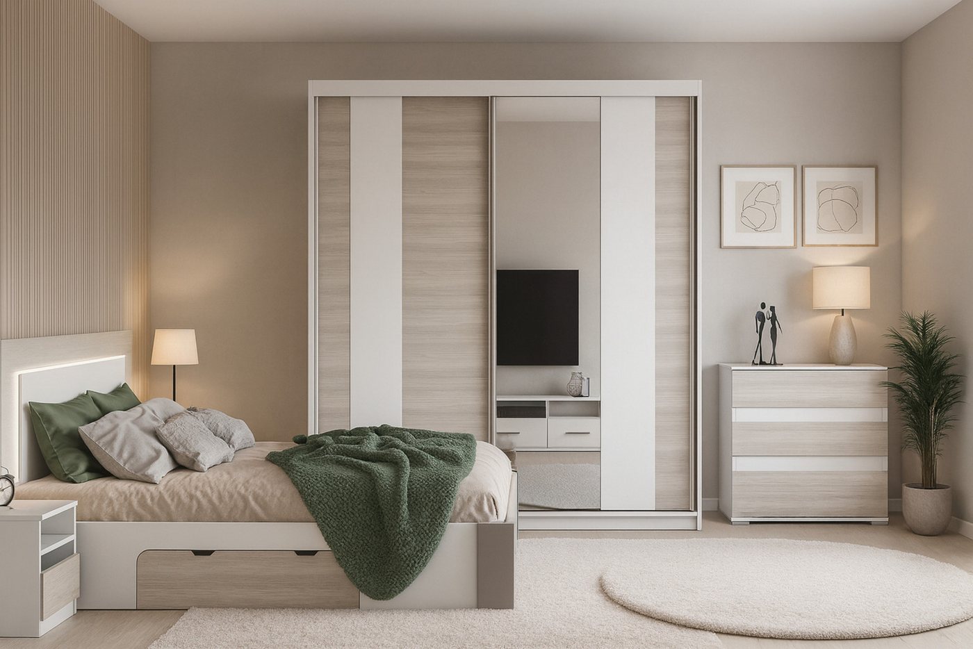 Deine Möbel 24 Schiebetürenschrank HEAVEN 32 183 cm breit Kleiderschrank Schwebetürenschrank Spiegelfront (mit Spiegel, 2-St., Set) Weiß Matt Bild 2