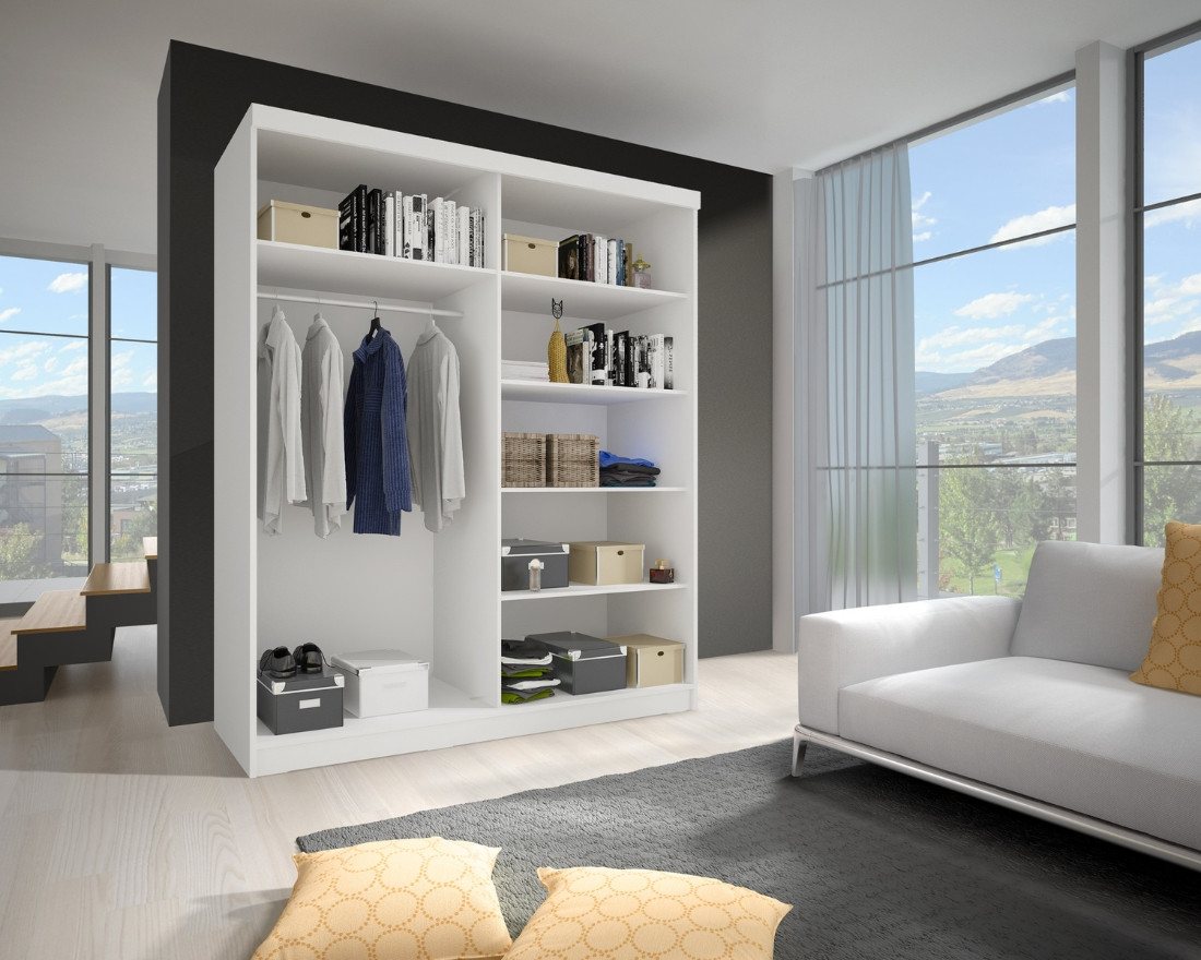 Deine Möbel 24 Schiebetürenschrank HEAVEN 32 183 cm breit Kleiderschrank Schwebetürenschrank Spiegelfront (mit Spiegel, 2-St., Set) Weiß Matt Bild 3