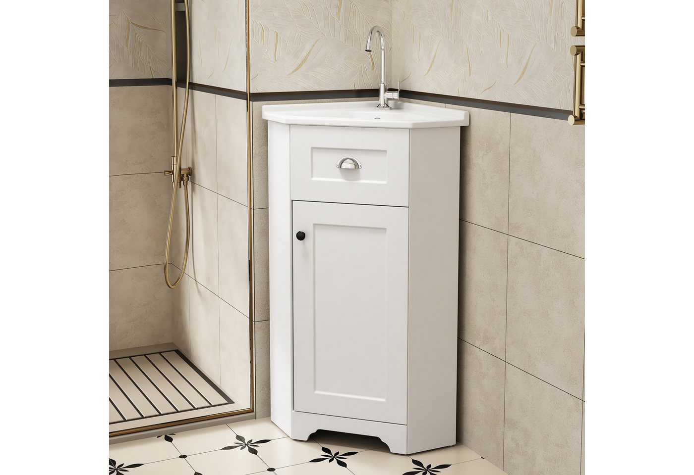 Flieks Waschtisch Eck-Waschbeckenunterschrank inkl. Waschbecken (B59/T42,5/H90,5 cm, 1-St., bodenstehend), Badmöbel-Set Eckschrank mit Eck-Waschbecken Badzimmerschrank weiß Bild 3