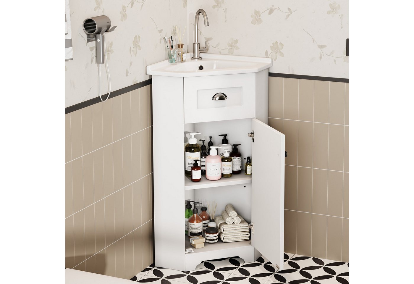 Flieks Waschtisch Eck-Waschbeckenunterschrank inkl. Waschbecken (B59/T42,5/H90,5 cm, 1-St., bodenstehend), Badmöbel-Set Eckschrank mit Eck-Waschbecken Badzimmerschrank weiß Bild 5