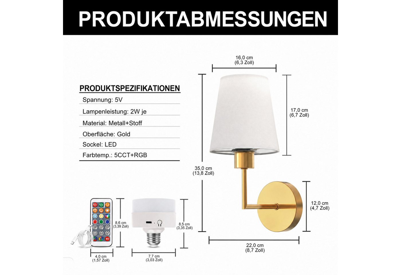 LOHAS-LED Wandleuchte Kabellose Innen-Wandleuchten 2er-Set galvanisiertes Kupfer, LED wechselbar, Warmweiß bis Kaltweiß + RGB Farbwechsel, RGBCW stufenlos dimmbar mit aufladbarer E26 LED & Fernbedienung