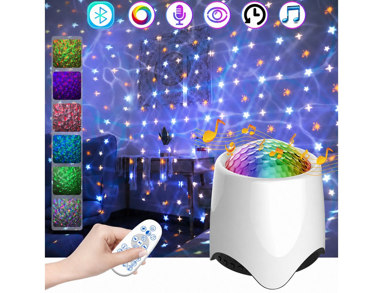 Lapamax Projektionslampe LED Sternenhimmel-Projektionslampe mit Bluetooth, Fernbedienung, 6 W, dimmbar, LED fest integriert, mehrfarbig, Galaxy-Projektor mit 56 Lichteffekten, USB, Musikmodus und 2-h-Timer