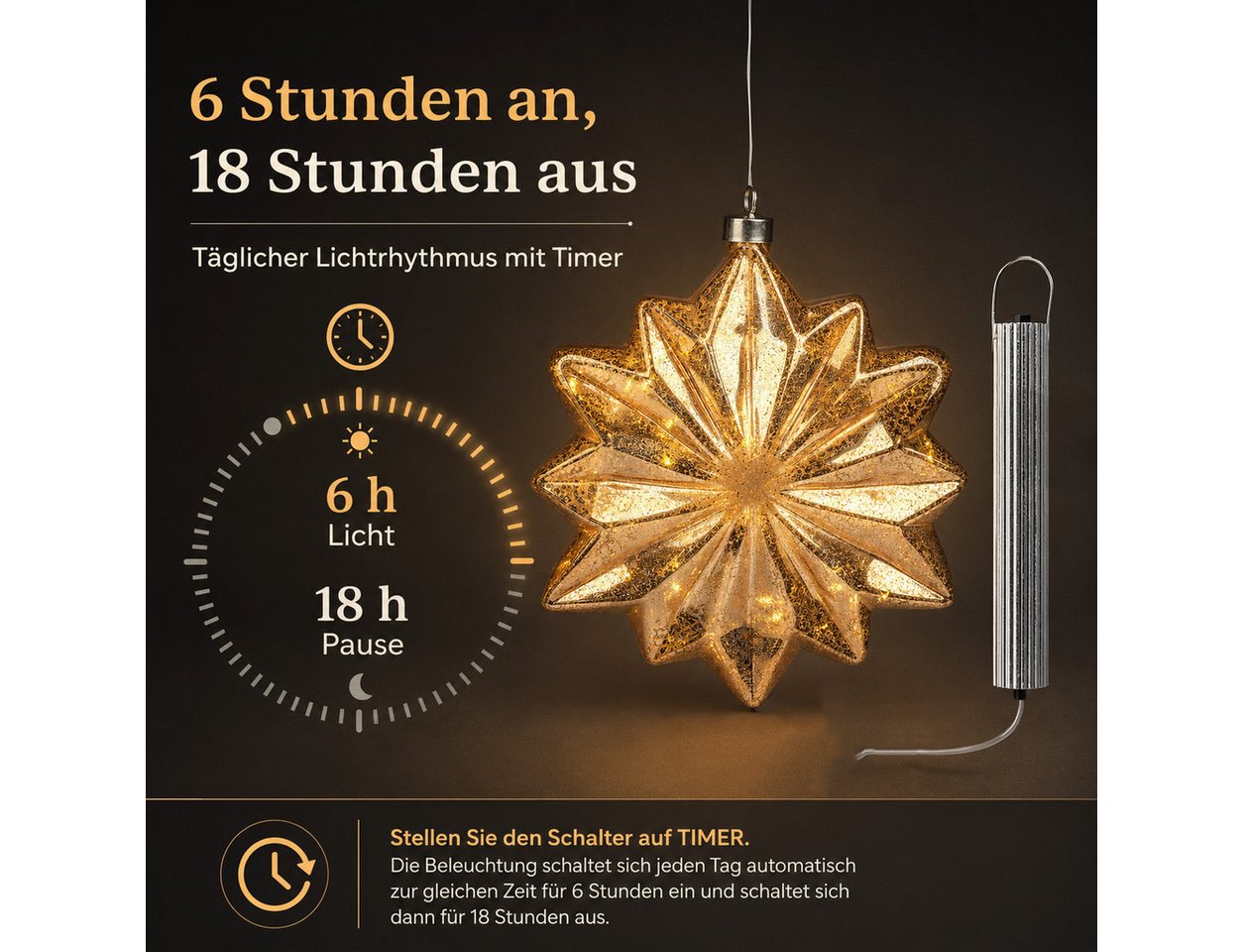 formano LED Dekolicht LED-Hängestern Amber aus Glas, warmweiß, 20 cm, mit Timer 6h / 18h, LED fest integriert Bild 4