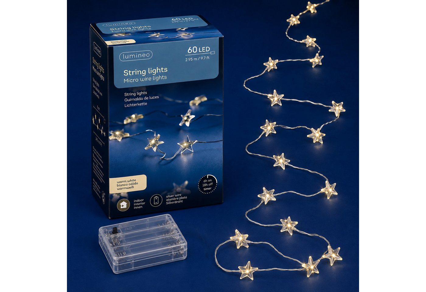 Lumineo LED-Lichterkette, LED Draht Lichterkette 2,95m mit Sternen 60 Micro-LEDs Warmweiß Silber Bild 2