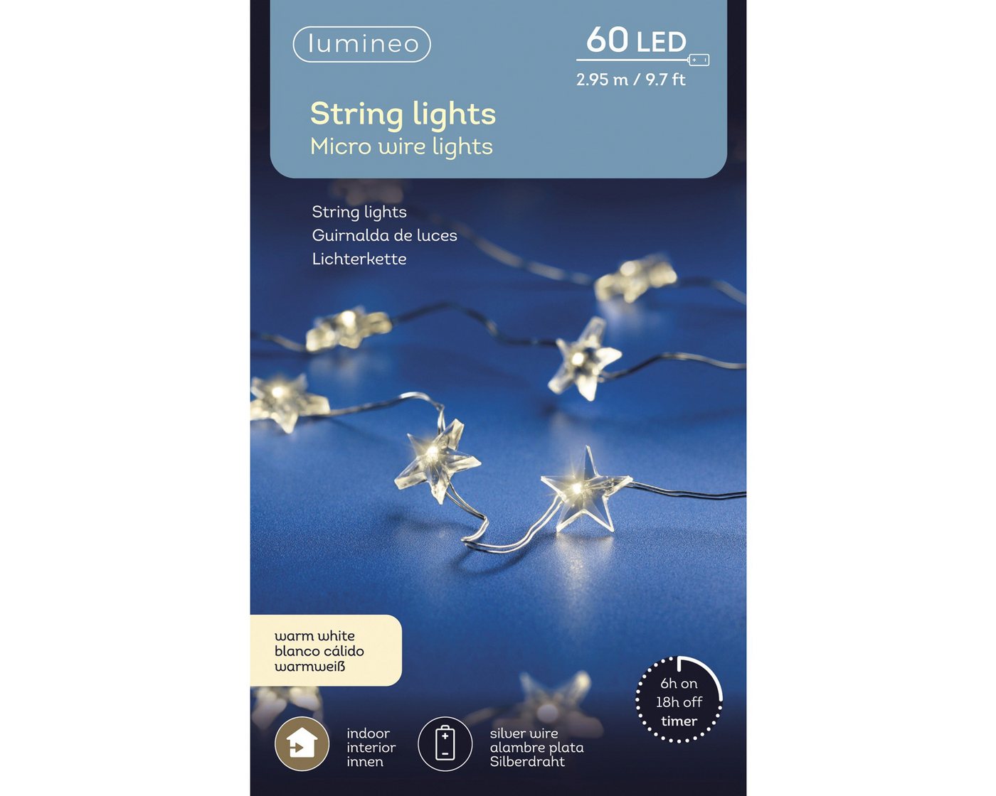 Lumineo LED-Lichterkette, LED Draht Lichterkette 2,95m mit Sternen 60 Micro-LEDs Warmweiß Silber Bild 5