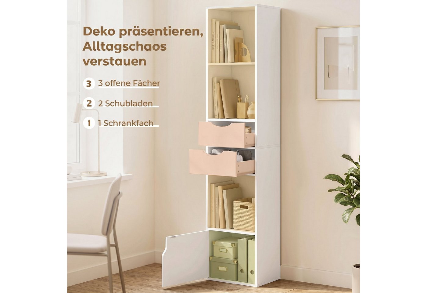 HOMCOM Bücherregal Bücherschrank Aktenschrank mit 3 offenen Regalebenen, Set 1-tlg., Schmal, 2 Schubladen, verstellbarer Boden
