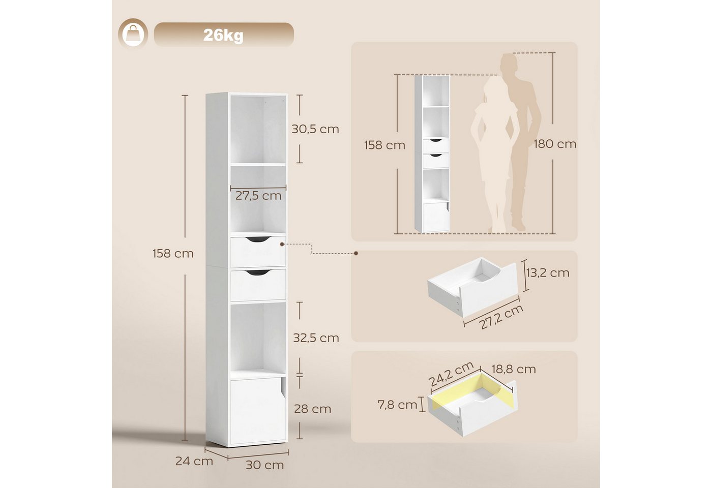 HOMCOM Bücherregal Bücherschrank Aktenschrank mit 3 offenen Regalebenen, Set 1-tlg., Schmal, 2 Schubladen, verstellbarer Boden Bild 3