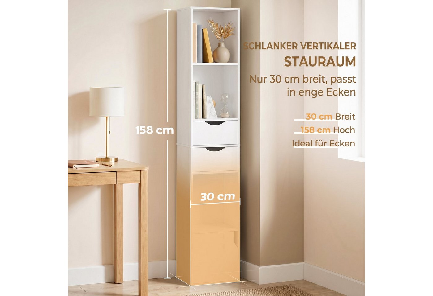 HOMCOM Bücherregal Bücherschrank Aktenschrank mit 3 offenen Regalebenen, Set 1-tlg., Schmal, 2 Schubladen, verstellbarer Boden Bild 4