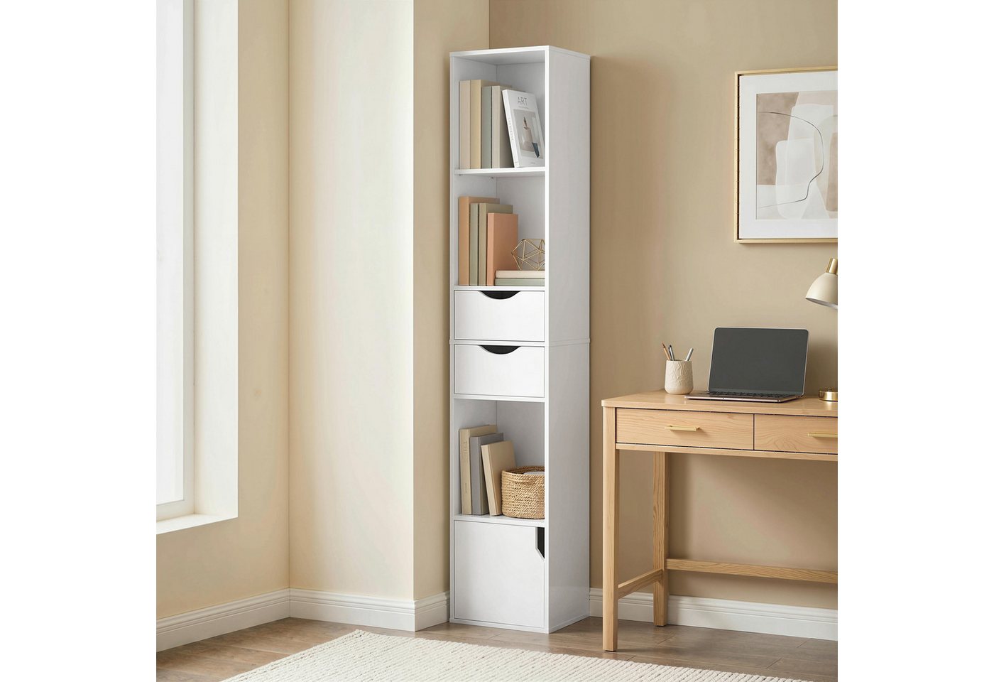 HOMCOM Bücherregal Bücherschrank Aktenschrank mit 3 offenen Regalebenen, Set 1-tlg., Schmal, 2 Schubladen, verstellbarer Boden Bild 5