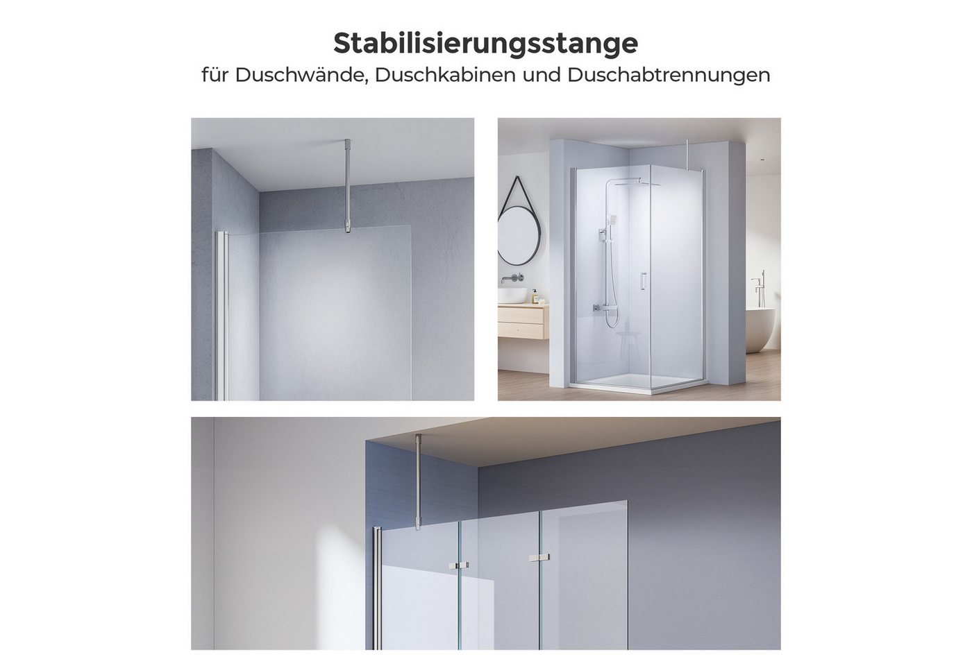 MEYKOERS Duschwand-Stabilisationsstange 50 cm, rund, für 6/8/10 mm Glas, Deckenmontage, 304 Edelstahl, Chrom Bild 4