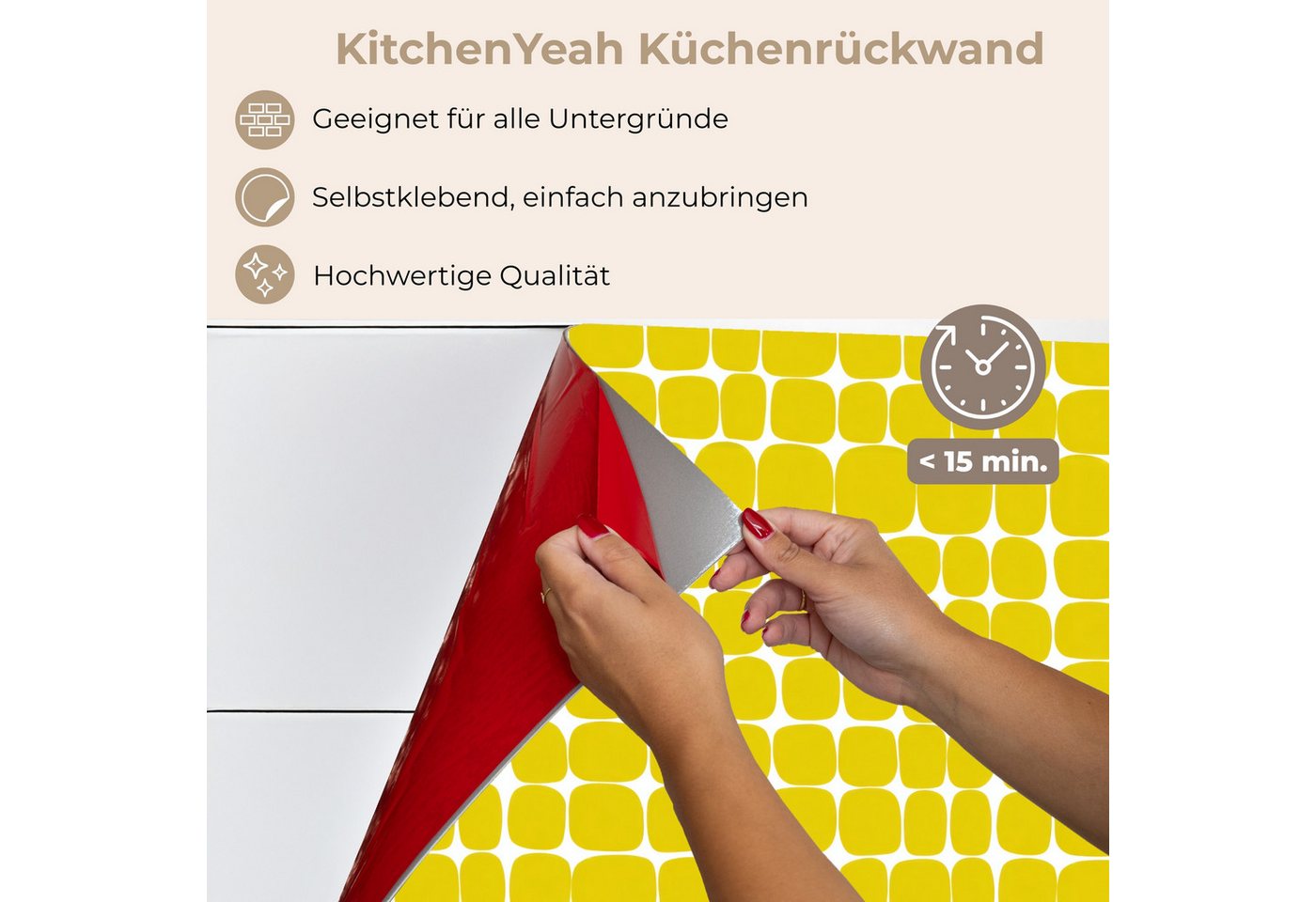 KitchenYeah Küchenrückwand selbstklebend (keine Folie) Dots - Modern - Gelb, (1-tlg), Spritzschutz, Küche, Rückwand, Küchenwand, Küchenfront, 80x60 cm