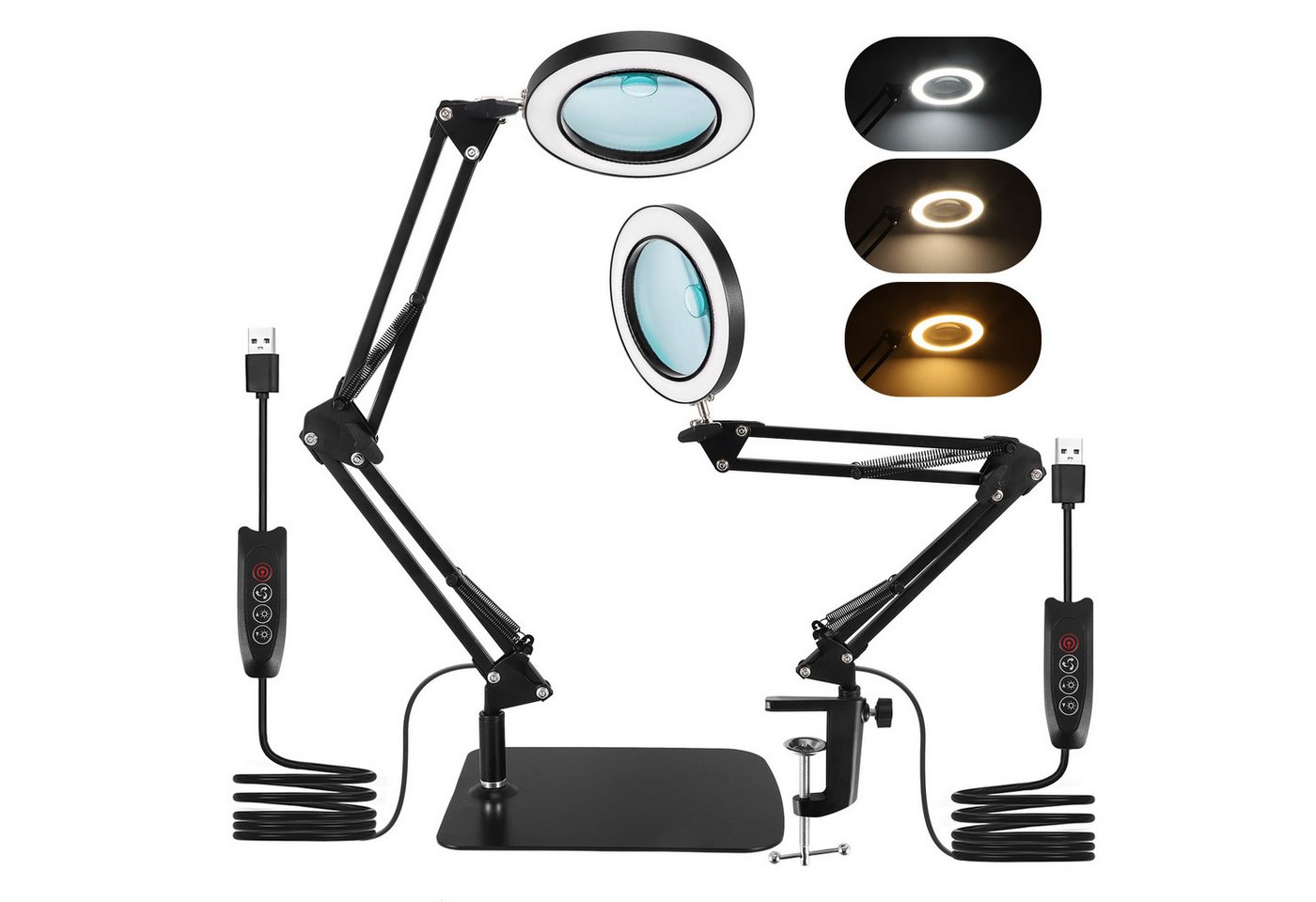 i@home Lupenlampe 2-in-1-Lupe mit Licht und Stativ, LED wechselbar, 10-fach, mit großem Fuß und Klemme, stufenlos dimmbare 3-Farben-Lupe Bild 2