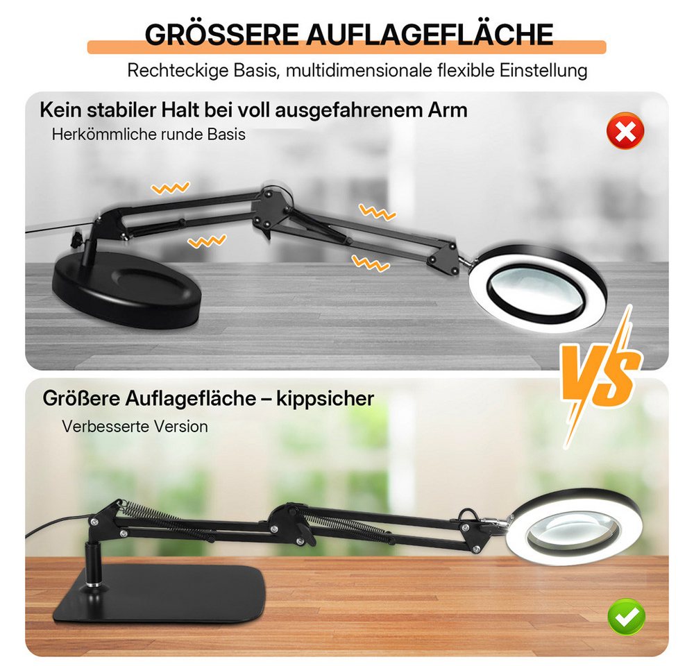 i@home Lupenlampe 2-in-1-Lupe mit Licht und Stativ, LED wechselbar, 10-fach, mit großem Fuß und Klemme, stufenlos dimmbare 3-Farben-Lupe Bild 3