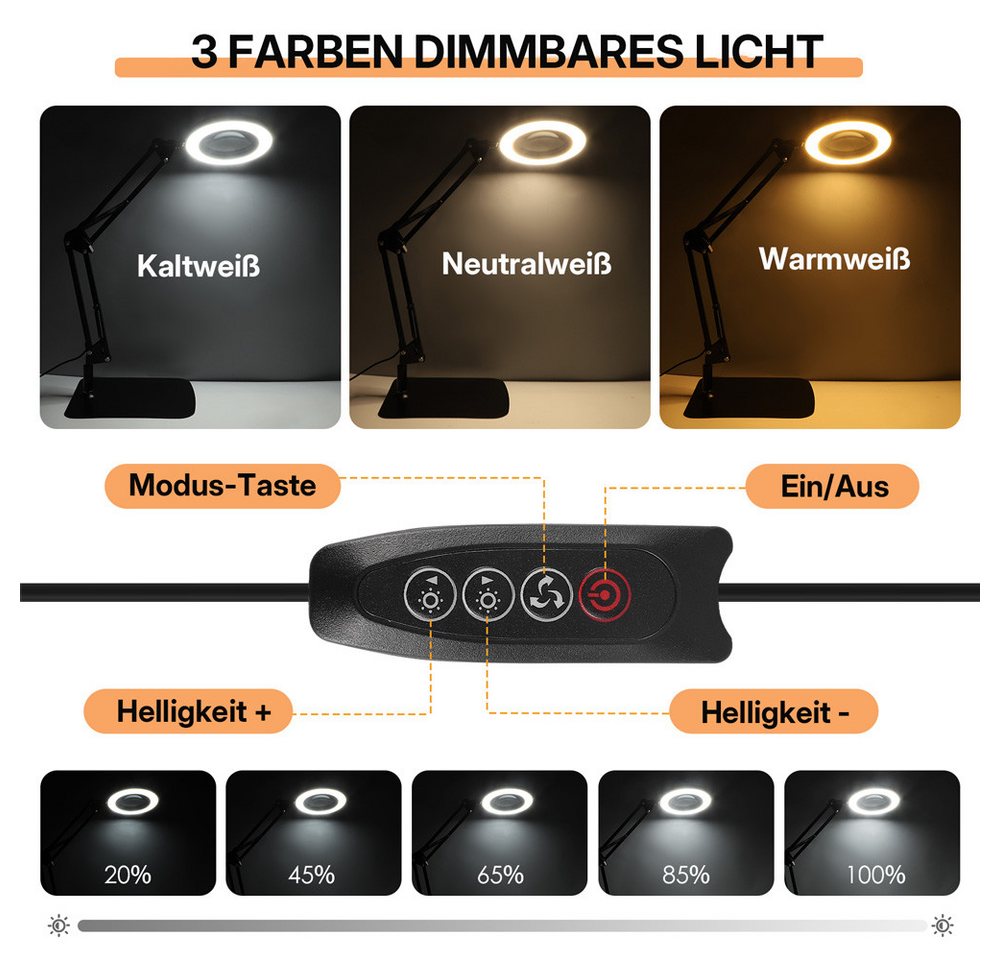 i@home Lupenlampe 2-in-1-Lupe mit Licht und Stativ, LED wechselbar, 10-fach, mit großem Fuß und Klemme, stufenlos dimmbare 3-Farben-Lupe Bild 4