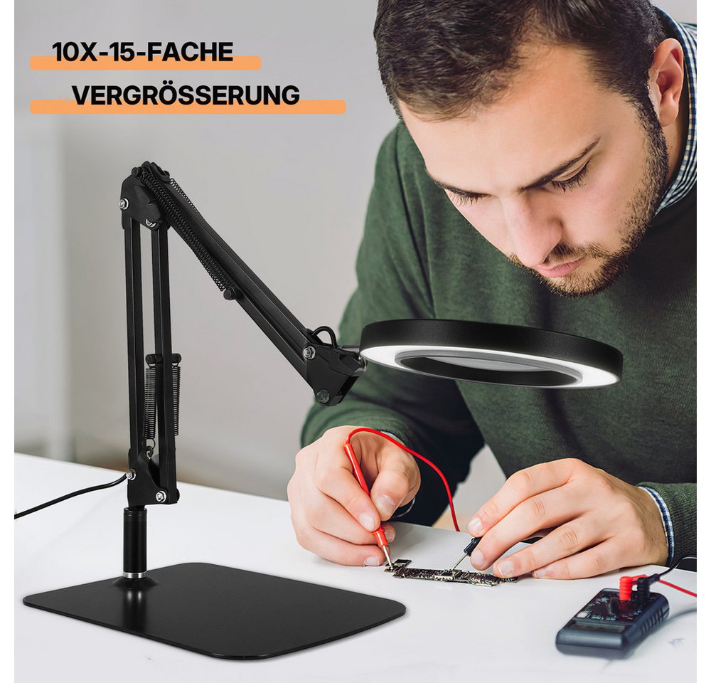 i@home Lupenlampe 2-in-1-Lupe mit Licht und Stativ, LED wechselbar, 10-fach, mit großem Fuß und Klemme, stufenlos dimmbare 3-Farben-Lupe Bild 5