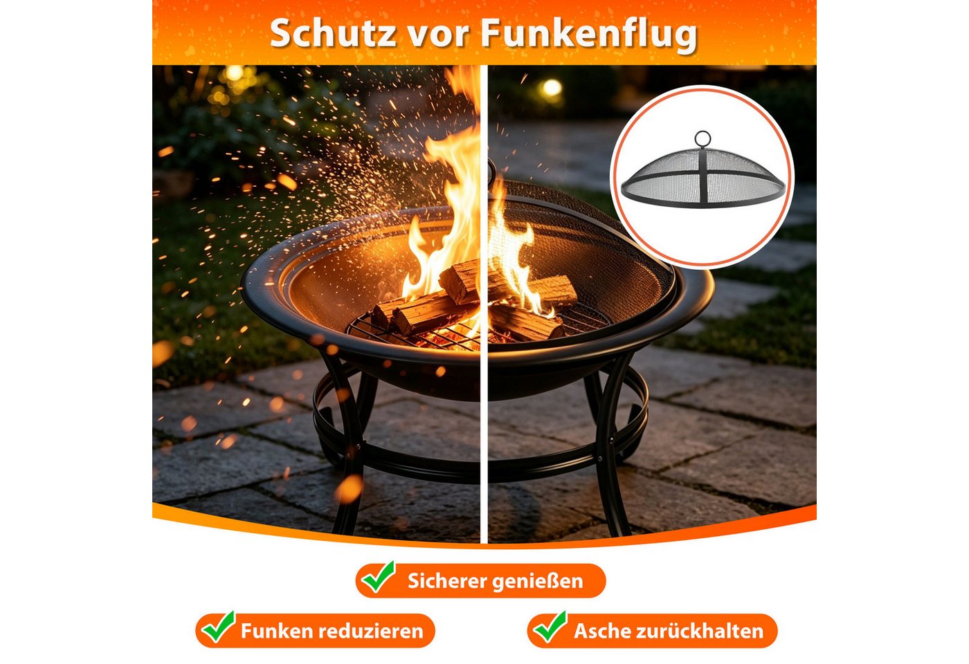 Clanmacy Feuerschale Ø 55cm mit Funkenschutz, Grillrost und Schürhaken, Garten und Terrasse Bild 2
