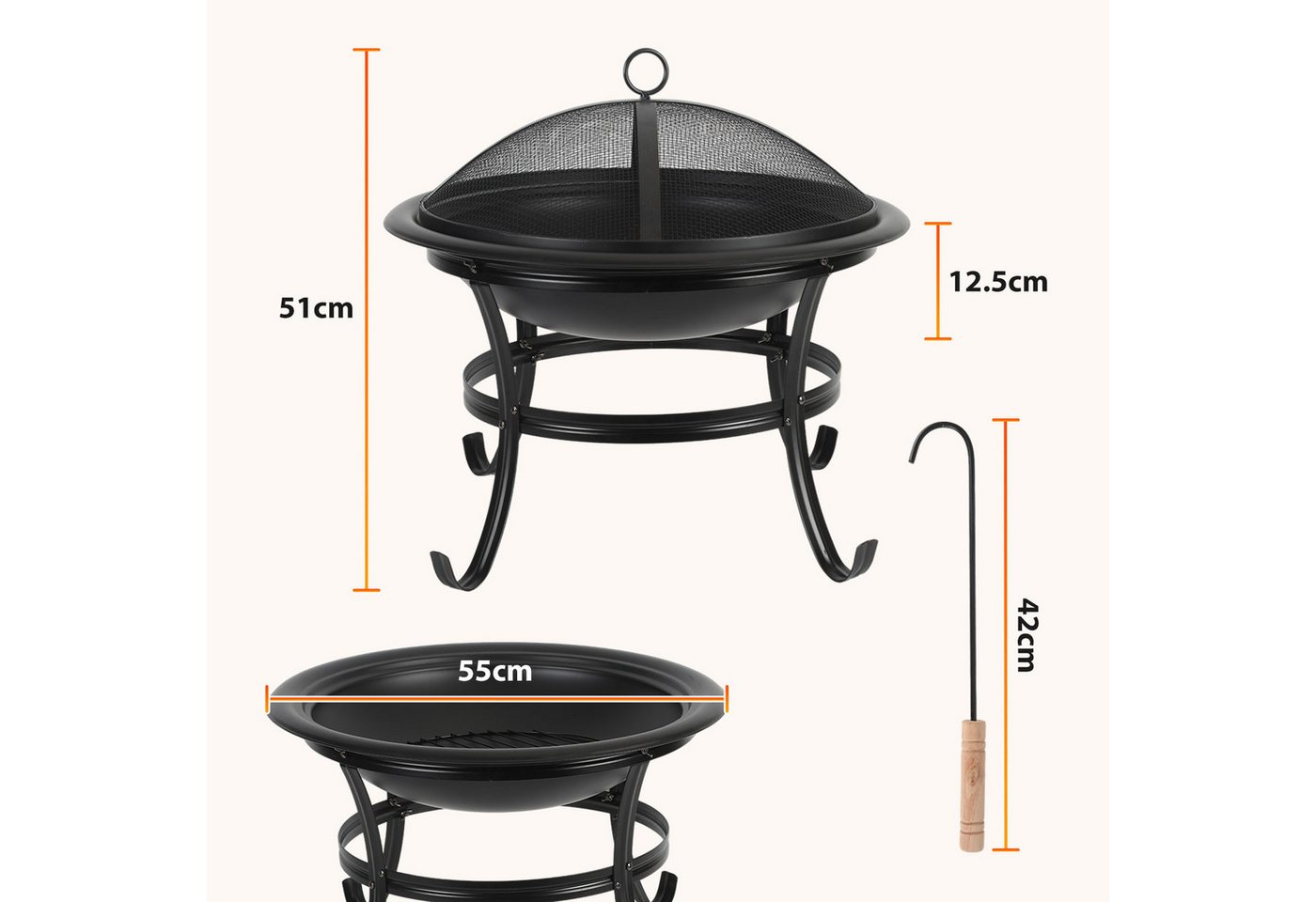 Clanmacy Feuerschale Ø 55cm mit Funkenschutz, Grillrost und Schürhaken, Garten und Terrasse Bild 5