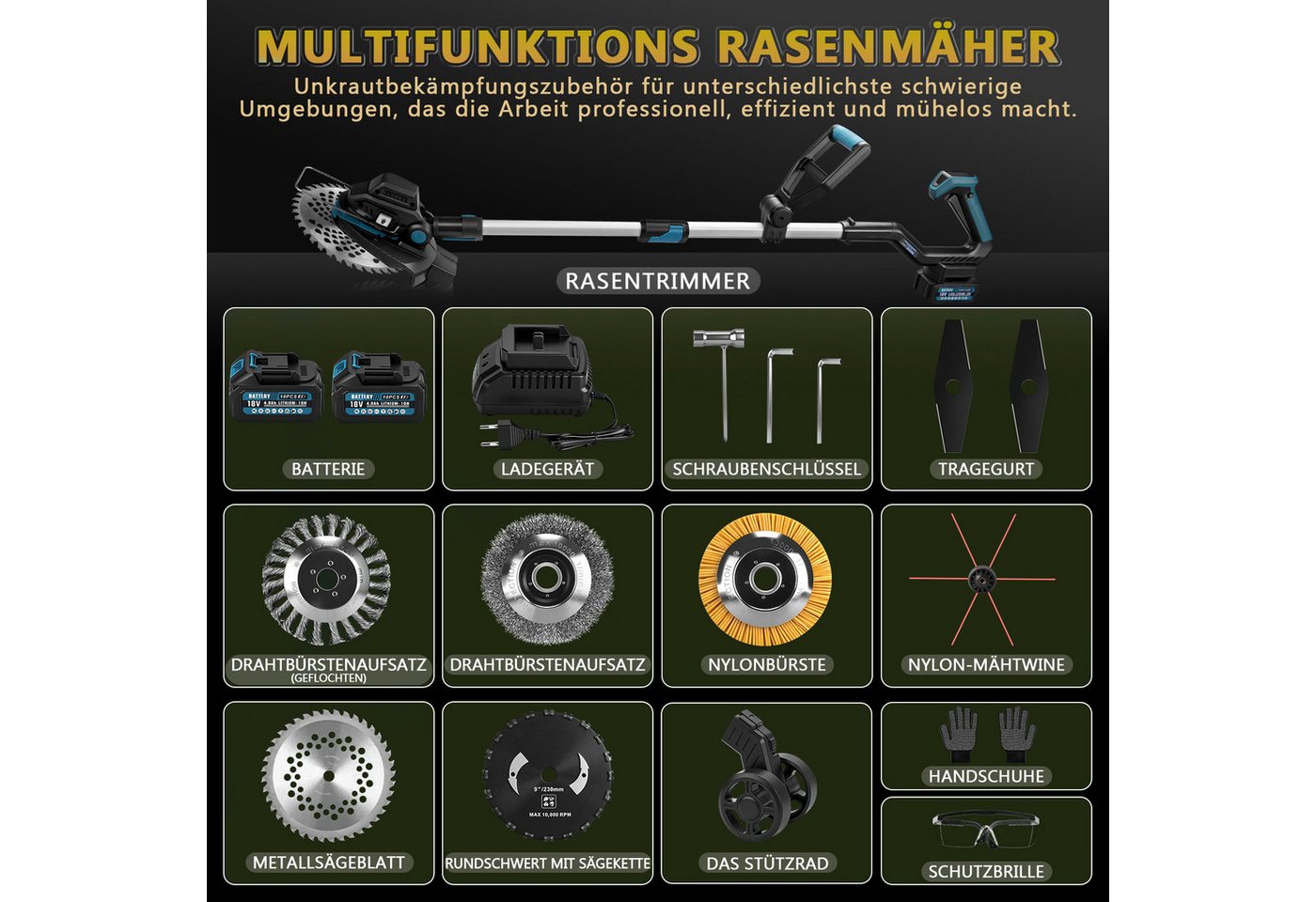 XIIW Akku-Freischneider 1200W Akku Rasentrimmer Motorsense mit 4 Bürsten & 4 Metall-Messer, (2×4,0 Ah Akku, Stützrad, 16800 U/min, Teleskop 100–140 cm), Rasenmäh-Werkzeuge für Höfe, Gärten und Kleinen