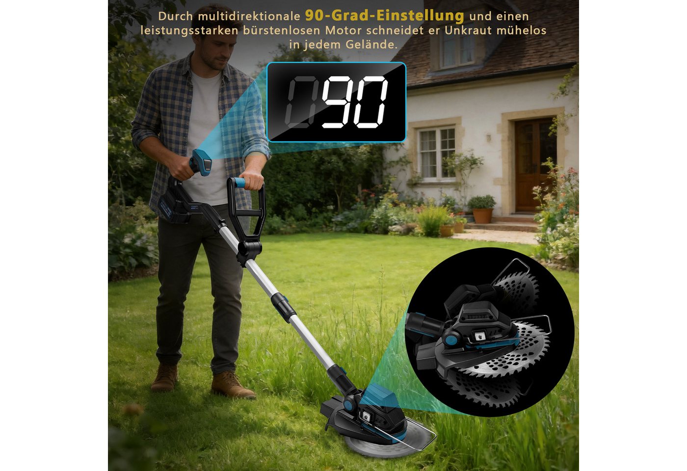 XIIW Akku-Freischneider 1200W Akku Rasentrimmer Motorsense mit 4 Bürsten & 4 Metall-Messer, (2×4,0 Ah Akku, Stützrad, 16800 U/min, Teleskop 100–140 cm), Rasenmäh-Werkzeuge für Höfe, Gärten und Kleinen Bild 2