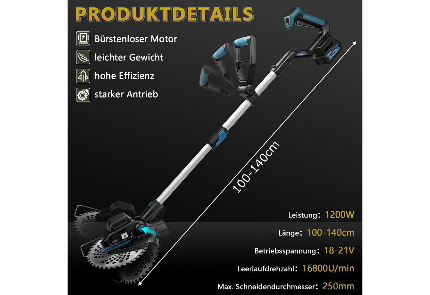 XIIW Akku-Freischneider 1200W Akku Rasentrimmer Motorsense mit 4 Bürsten & 4 Metall-Messer, (2×4,0 Ah Akku, Stützrad, 16800 U/min, Teleskop 100–140 cm), Rasenmäh-Werkzeuge für Höfe, Gärten und Kleinen Bild 4