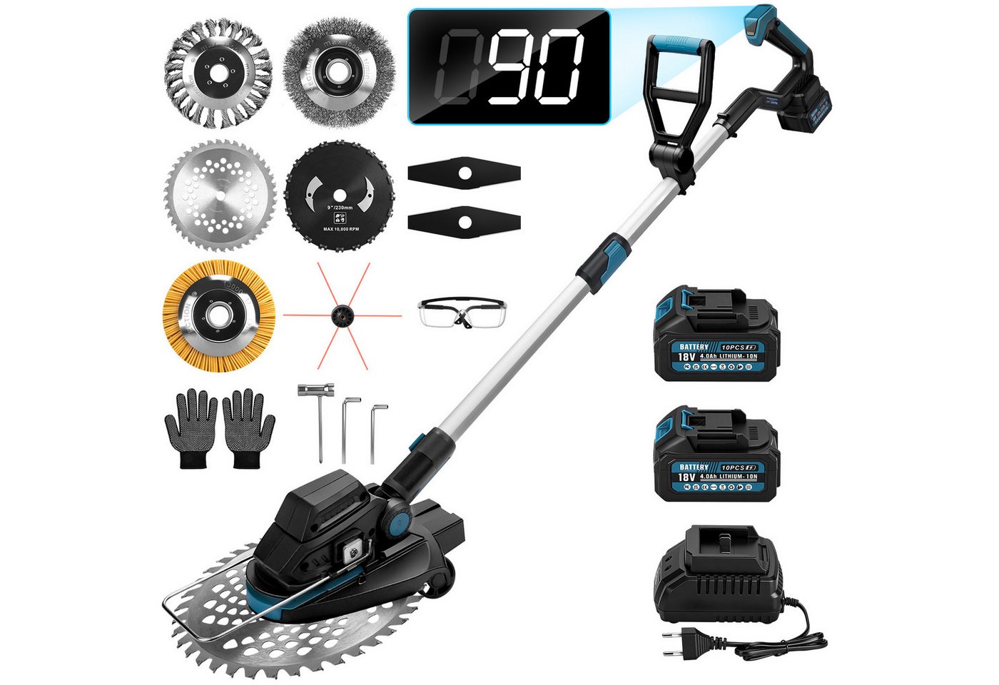 XIIW Akku-Freischneider 1200W Akku Rasentrimmer Motorsense mit 4 Bürsten & 4 Metall-Messer, (2×4,0 Ah Akku, Stützrad, 16800 U/min, Teleskop 100–140 cm), Rasenmäh-Werkzeuge für Höfe, Gärten und Kleinen Bild 5