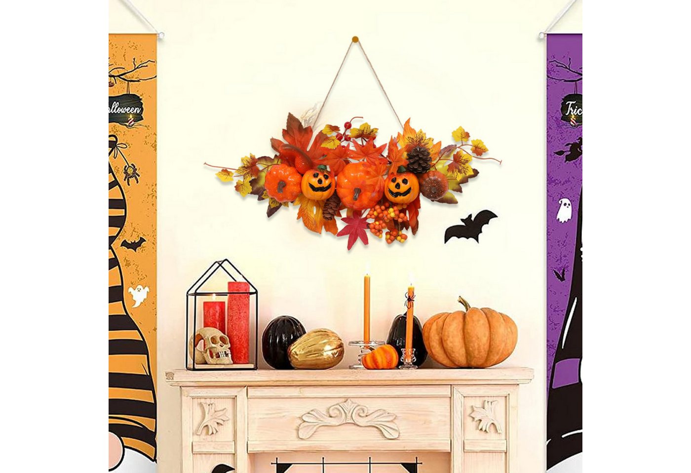 Sorvyzxn Dekokranz Halloween Hängedeko Herbstdeko, Kürbis Ahornblatt Türdeko, mit Aufhängung, Haustür Dekoration für Zuhause Bild 2